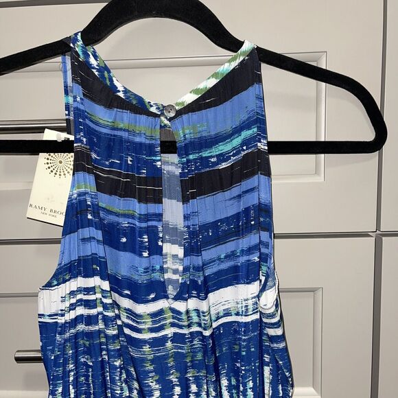 Ramy Brook Paris Warp-Print Sleeveless Blouson Dress XS Navy/Green - Picture 7 of 8